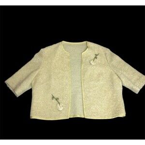 Vtg Butter Yellow Mohair Wool Blend Sweater Pullover Needlepoint Flowers Sz M